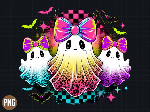 Download Retro Cute Neon Halloween Ghosts PNG - Retro Collection