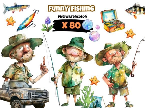 Download Watercolor Fishing Clipart, Funny Theme - Theme Collection