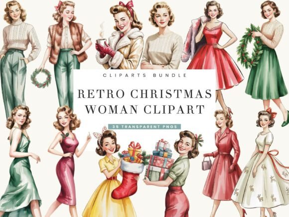 Download Retro Christmas Woman Clipart Bundle - Retro Collection